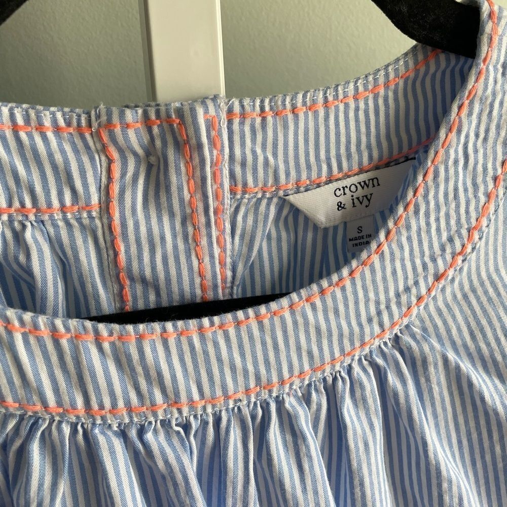 Crown & Ivy Blue Seersucker Blouse with Tie Sleeves - Picture 2 of 4